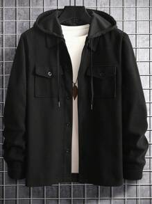 Manfinity Homme 男士1入組翻蓋口袋抽繩連帽花呢外套 - 黑色 - 查看 2