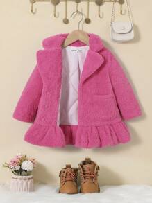 SHEIN Baby Girl Dual Pocket Ruffle Hem Teddy Coat Without Tee - Pink - View 3