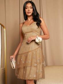 SHEIN Belle Galaxy Print Mesh Overlay Cami Dress - Khaki - View 4