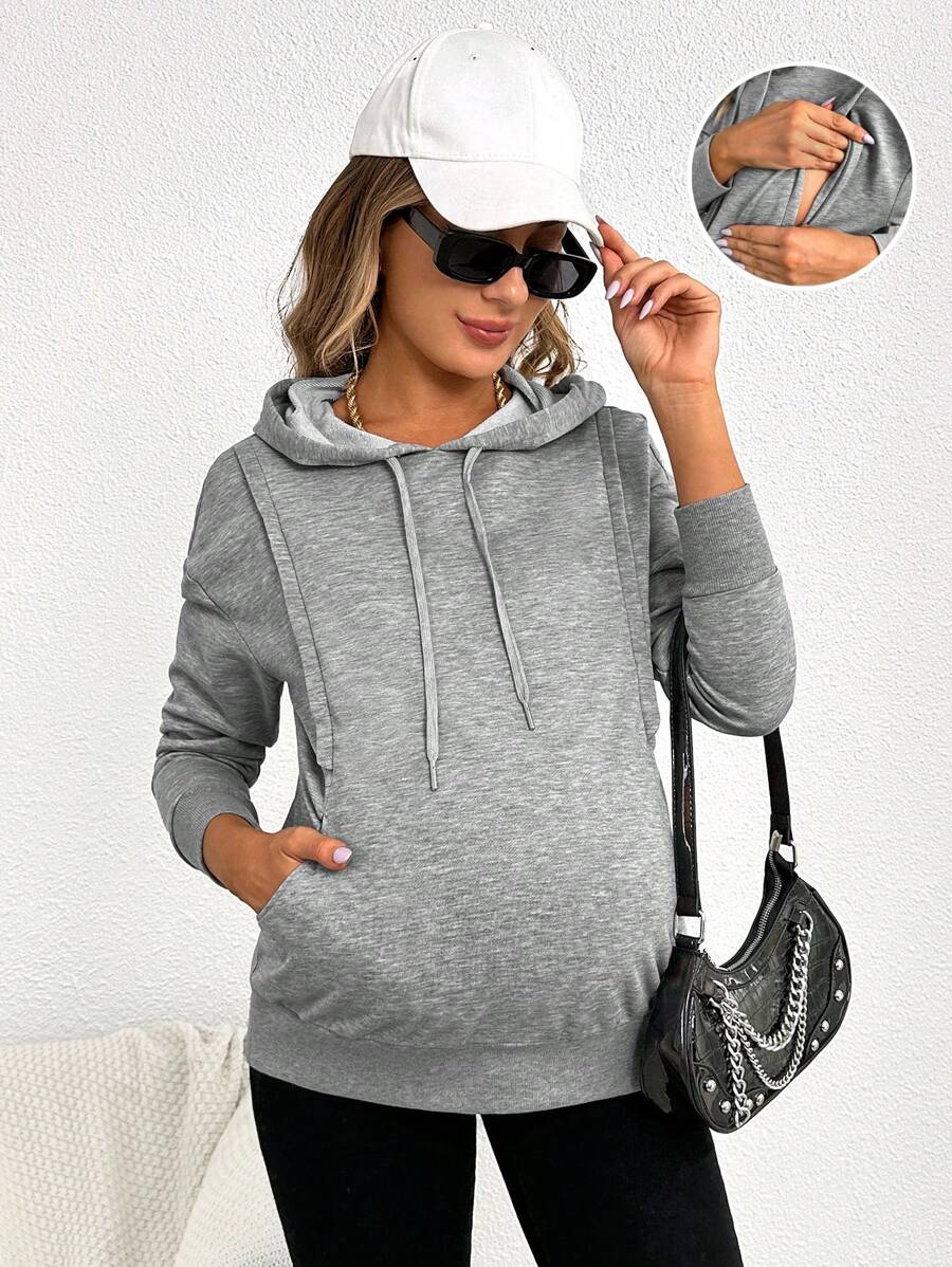 SHEIN 孕婦落肩袖抽繩哺乳連帽衫 - 淺灰色 - 查看 1