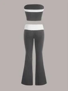 SHEIN EZwear 撞色抹胸上衣&喇叭褲 - 灰色 - 查看 2