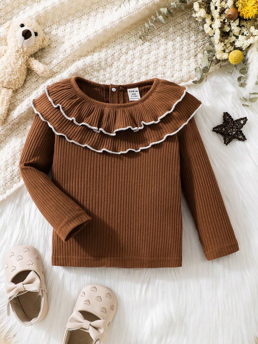 Baby Girl Ruffle Trim Ruffle Trim Ribbed Knit Tee - Brown - View 1