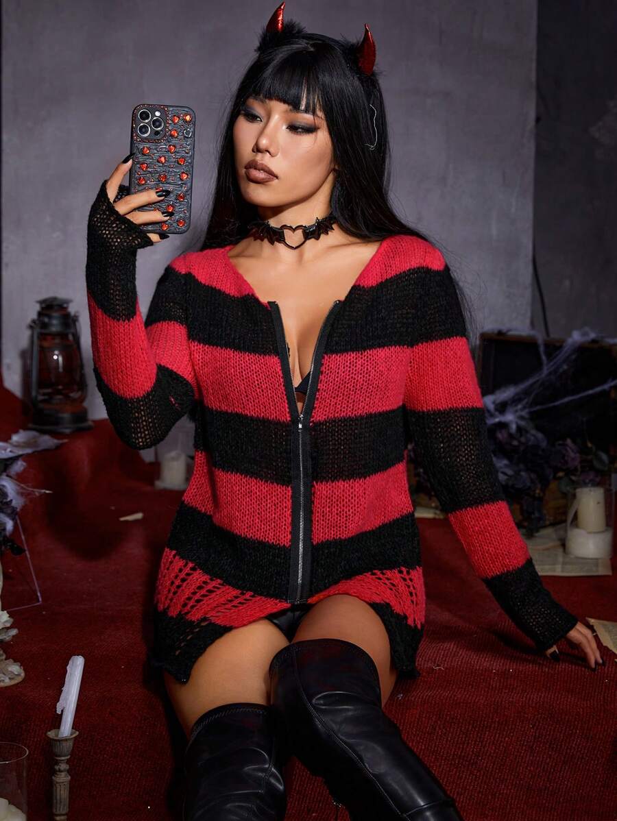 SHEIN ICON Halloween Striped Pattern Zip Up Cardigan - Multicolor - View 1