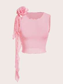 SHEIN ICON Stereo Flower Lettuce Trim Tank Top - Pink - View 1