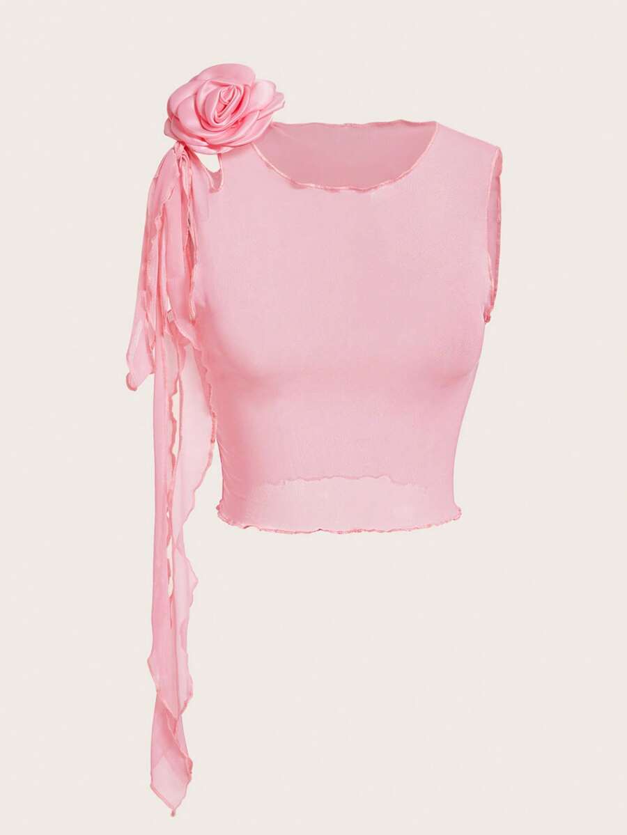 SHEIN ICON Stereo Flower Lettuce Trim Tank Top - Pink - View 1