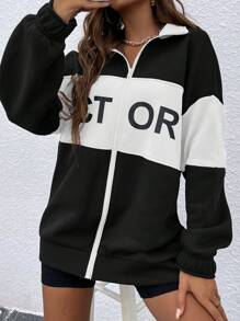 EURMUSE Letter Graphic Two Tone Drop Shoulder Zip Up Sweatshirt - White - View 3