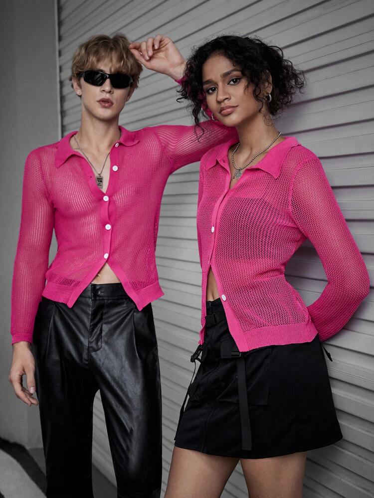 1pc Solid Button Front Hollow Out Cardigan, For Fall Winter