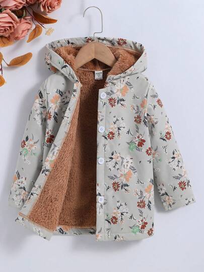 SHEIN Vintaside Kids Chica Joven Abrigo con capucha con estampado floral con forro teddy