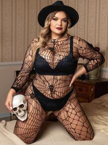 大碼萬聖節鏤空漁網連身襪不附帶內衣褲套裝 - 黑色 - 查看 3