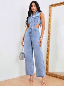 SHEIN Privé 腰部鏤空牛仔連身褲 - 淺色水洗藍 - 查看 3