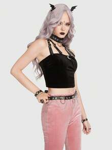 ROMWE Goth Solid Crop Cami Top Without Choker - Black - View 5