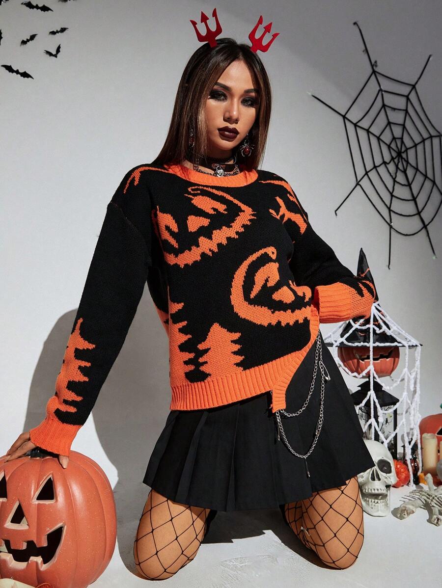 PUNK Hoa văn Halloween Thả vai Áo len - Nhiều màu - Xem 1