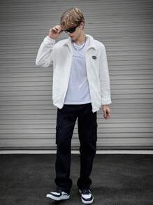 SWAVVY 1pc Loose Fit Teddy Jacket With Letter Patches And Drop Shoulder Design - White - View 3
