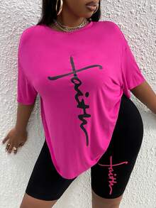 Slaydiva Plus Letter Graphic Drop Shoulder Tee & Biker Shorts - Hot Pink - View 3