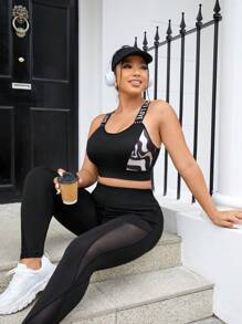 Easithlete Plus Letter Graphic Sports Bra - Black - View 8