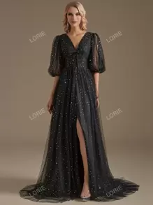 Lantern Sleeve Split Thigh Mesh Formal Dress