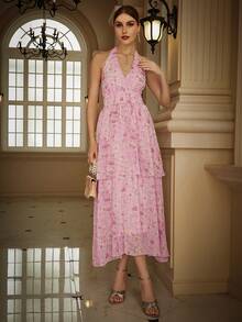 Eilly Bazar In hoa Không lưng Halter Neck Chiffon Váy phù dâu - Hồng - Xem 5