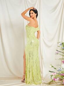 Missord One Shoulder Split Thigh Sequin Party Dress - Mint Green - View 2