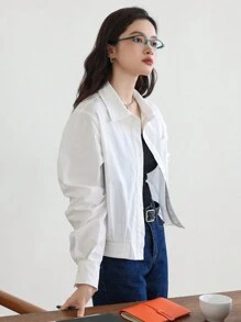 DAZY Camisa unicolor con botón delantero con parche de bolsillo - Blanco - Ver 2