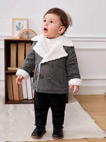 SHEIN Baby Boy Double Breasted Teddy Lined Coat Without Sweater - Dark Grey - View 10