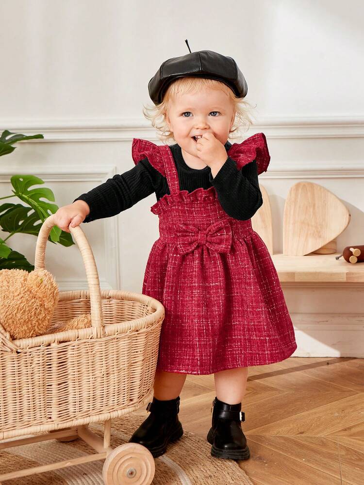 Baby Girl Solid Tee & Bow Front Ruffle Trim Overall Dress