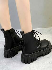 Fall/Winter Women's Fashionable Boots, Minimalist Laced Combat Boots,Boots For Women - Black - View 2