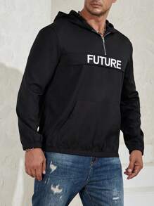 Manfinity Homme Men Plus Letter Graphic Half Zip Hooded Jacket - Black - View 6