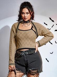 Flirla 大碼萬聖節條紋圖案針織吊帶上衣&短上衣 - 卡其色 - 查看 4