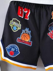 SHEIN 男小童字母圖案條紋飾邊棒球領襯衫&短褲不帶T恤 - 黑色 - 查看 4