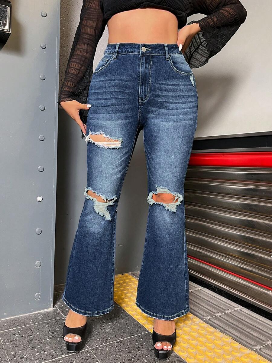 SHEIN EZwear Plus Ripped Flare Leg Jeans - Dark Wash - View 1