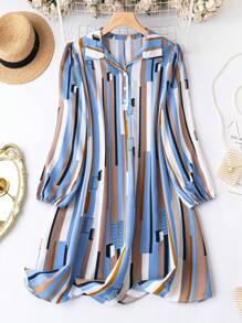 SHEIN LUNE Hơn In sọc Tay áo lồng đèn Váy sơ mi - Nhiều màu - Xem 1