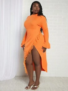 Slaydiva Plus Flare Sleeve Fringe Trim Wrap Hem Sweater Dress - Orange - View 4