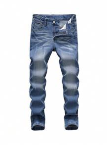 SHEIN Explorewe TWEEN BOY All-Match Casual Modern Street College Style Whisker Craft Elastic Jeans With Adjustable Drawstring Waistband & 5 Pockets, Year-Round Essential Fashionable Denim Item Summer Holiday