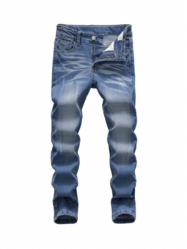 SHEIN Explorewe TWEEN BOY All-Match Casual Modern Street College Style Whisker Craft Elastic Jeans With Adjustable Drawstring Waistband & 5 Pockets, Year-Round Essential Fashionable Denim Item Summer Holiday