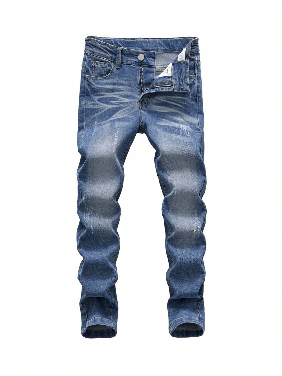 SHEIN Explorewe TWEEN BOY All-Match Casual Modern Street College Style Whisker Craft Elastic Jeans With Adjustable Drawstring Waistband & 5 Pockets, Year-Round Essential Fashionable Denim Item Summer Holiday