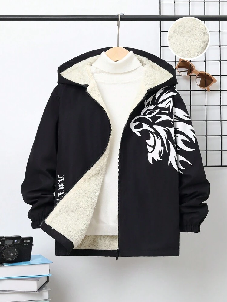 Tween Boy Lion & Letter Graphic Thermal Lined Hooded Coat Without Sweater