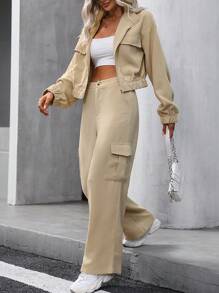 SHEIN Unity Túi có nắp Thả vai Áo khoác & Quần - Màu be - Xem 1