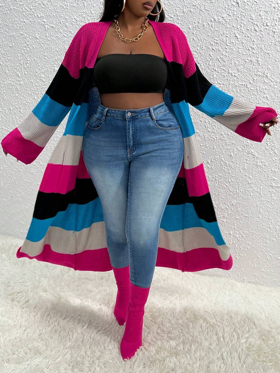 Slaydiva Cárdigan de talla grande con bloques de color y hombros caídos - Multicolor - Ver 1