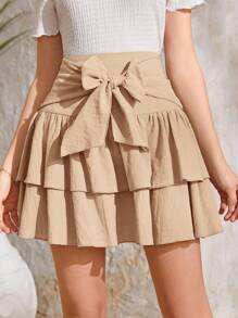 SHEIN Teen Girls Tie Front Two Layer Hem Skirt - Khaki - View 1