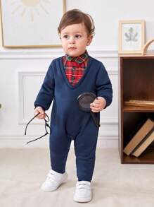 SHEIN Baby Boy Plaid Print 2 In 1 Jumpsuit - Navy Blue - View 3