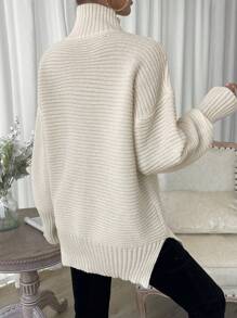 SHEIN Clasi 高领落肩开衩下摆针织套头衫秋冬毛衣 - 杏色 - 查看 2