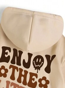 SHEIN EZwear Plus Size Slogan & Cartoon Graphic Kangaroo Pocket Drawstring Thermal Sweatshirt - Apricot - View 3