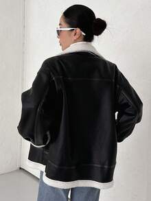 DAZY Teddy Lined Drop Shoulder PU Leather Jacket - Black - View 2