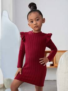 Young Girl Ruffle Trim Mock Neck Cable Knit Dress Without Belt - Burgundy - View 3