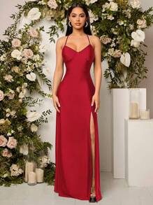 SHEIN Belle Vestido de dama de honor con abertura lateral y espalda descubierta en rojo burdeos con drapeado cruzado - Burdeos - Ver 6