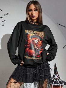 PUNK Halloween Print Drop Shoulder Sweatshirt - Black - View 5