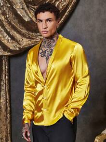 GENTILAND Men Shawl Collar Satin Shirt - Gold - View 5