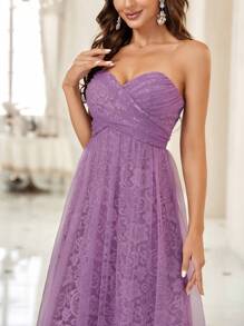 SHEIN Belle Contrast Lace Mesh Tube Formal Dress - Purple - View 2