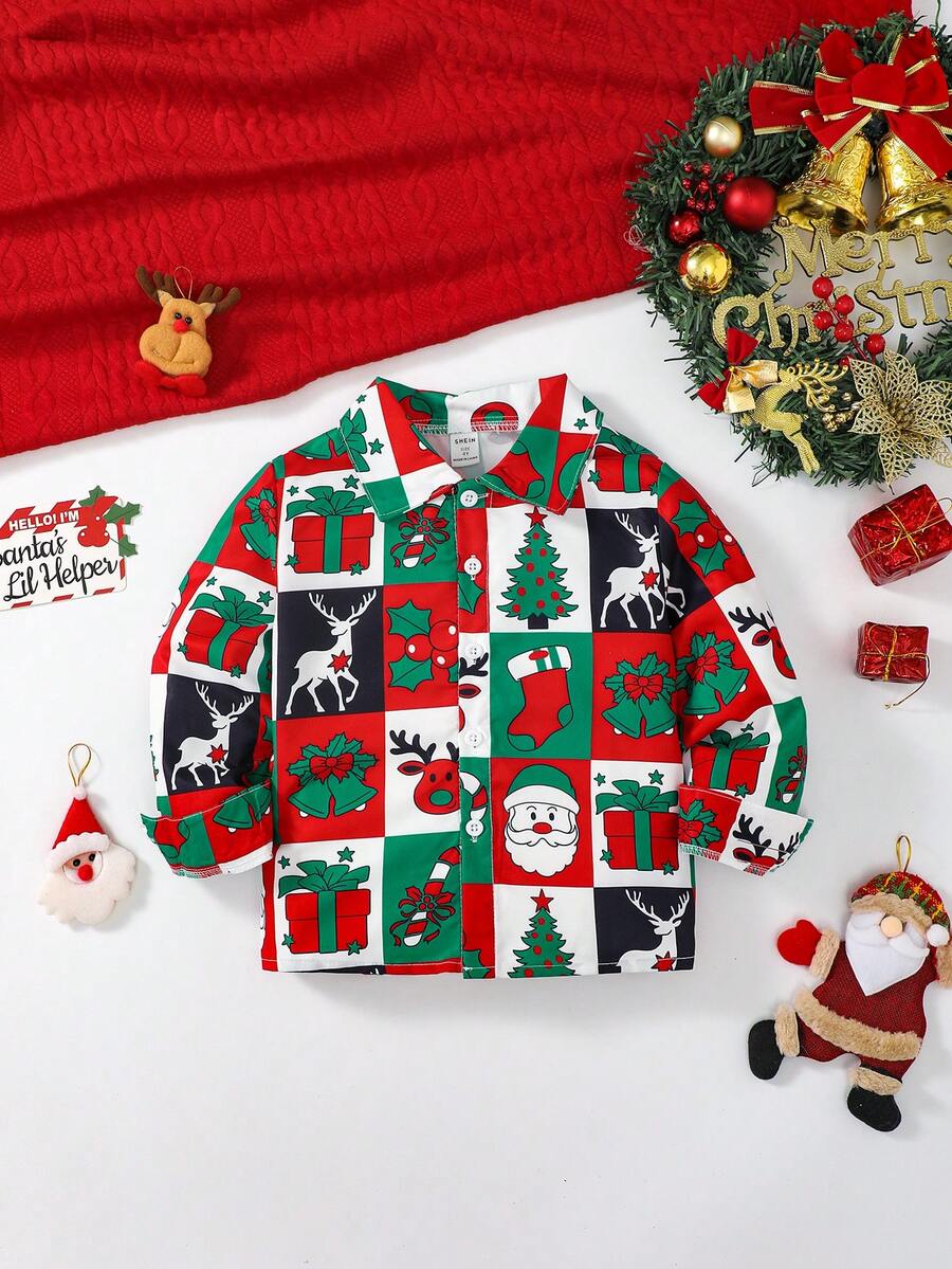 SHEIN Young Boy Christmas Print Button Front Shirt - Multicolor - View 1