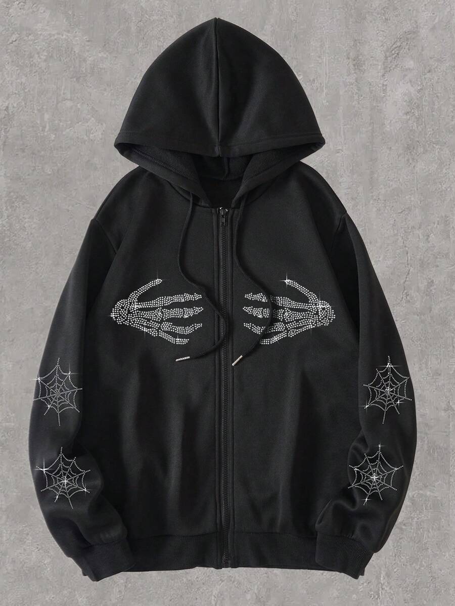 SHEIN EZwear 萬聖節骷髏水鑽拉鏈開襟抽繩連帽衫 - 黑色 - 查看 1